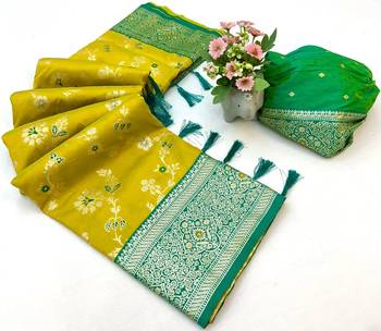 Yellow banarasi antique silk saree with silver zari weaving 2