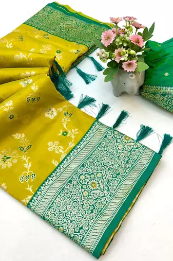 Yellow banarasi antique silk saree with silver zari weaving