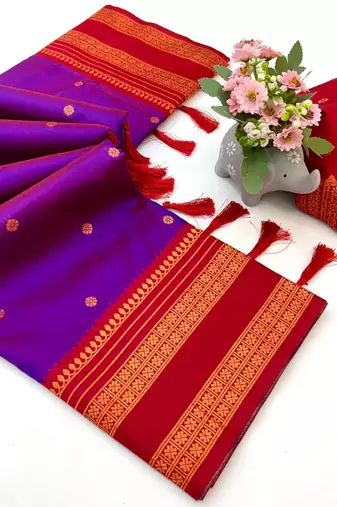 Magenta banarasi antique silk saree with silver zari weaving