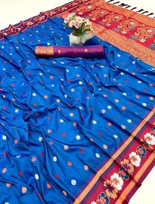 Teal premium soft silk saree with floral border & dual zari motifs 1