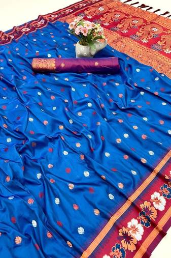 Teal premium soft silk saree with floral border & dual zari motifs