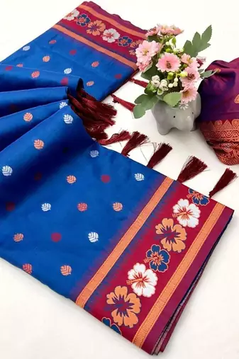 Teal premium soft silk saree with floral border & dual zari motifs