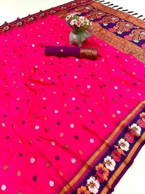 Hot pink premium soft silk saree with floral border & dual zari motifs 1