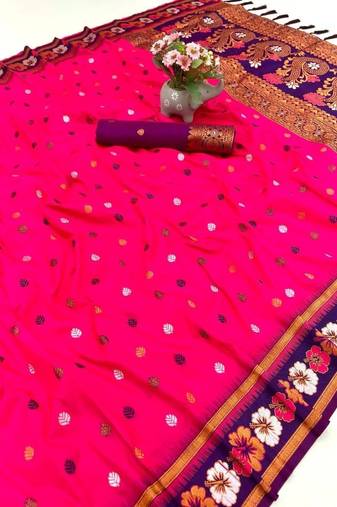 Hot pink premium soft silk saree with floral border & dual zari motifs
