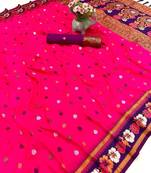 Hot pink premium soft silk saree with floral border & dual zari motifs