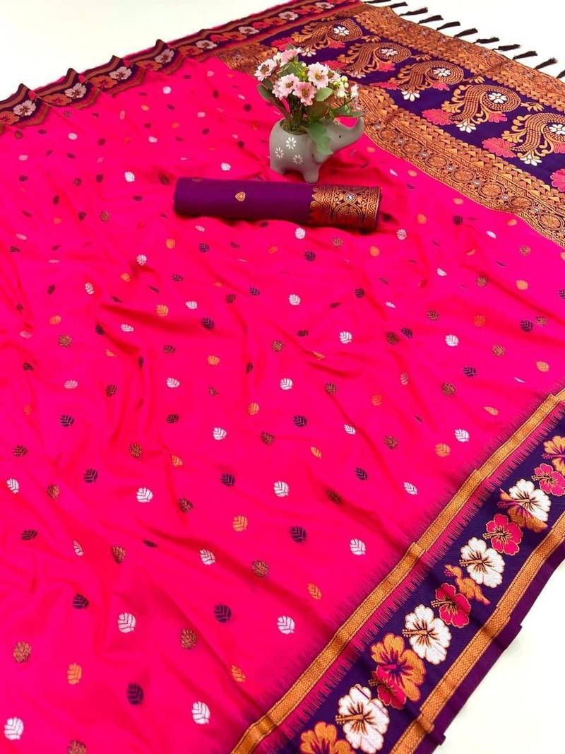 Hot pink premium soft silk saree with floral border & dual zari motifs
