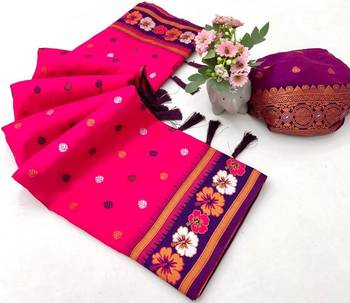 Hot pink premium soft silk saree with floral border & dual zari motifs 2