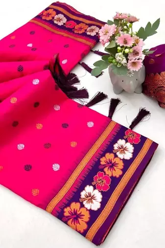 Hot pink premium soft silk saree with floral border & dual zari motifs