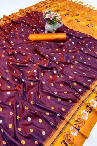 Maroon premium soft silk saree with floral border & dual zari motifs