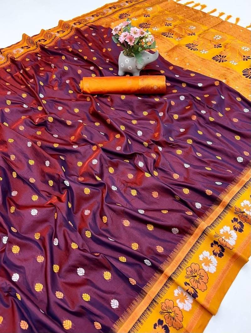 Maroon premium soft silk saree with floral border & dual zari motifs