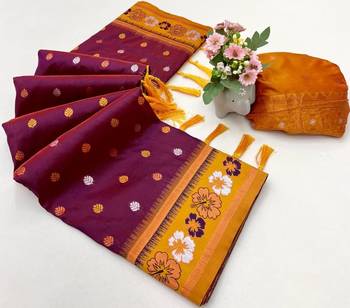 Maroon premium soft silk saree with floral border & dual zari motifs 2