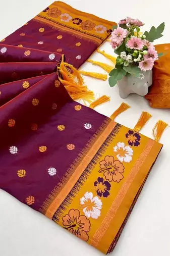 Maroon premium soft silk saree with floral border & dual zari motifs