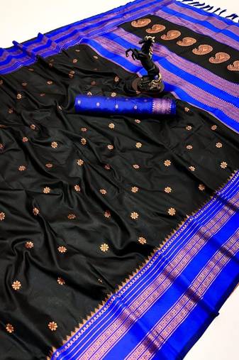 Black soft silk saree with narayan border & dual zari motifs