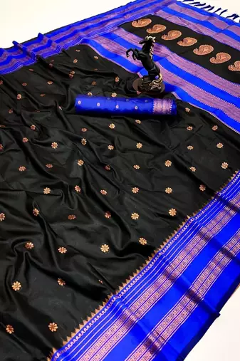 Black soft silk saree with narayan border & dual zari motifs