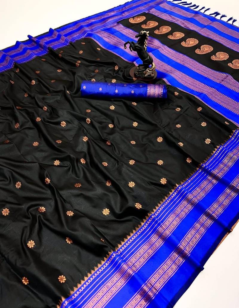 Black soft silk saree with narayan border & dual zari motifs