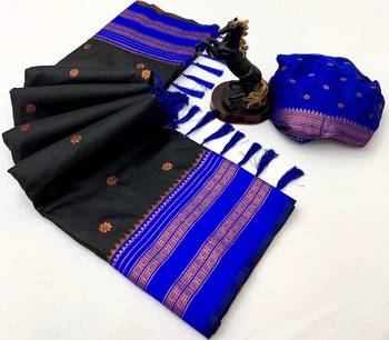 Black soft silk saree with narayan border & dual zari motifs 2