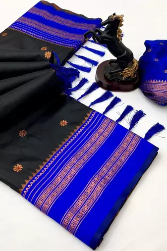 Black soft silk saree with narayan border & dual zari motifs