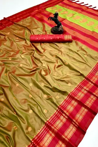 Mehendi soft silk saree with narayan border & dual zari motifs