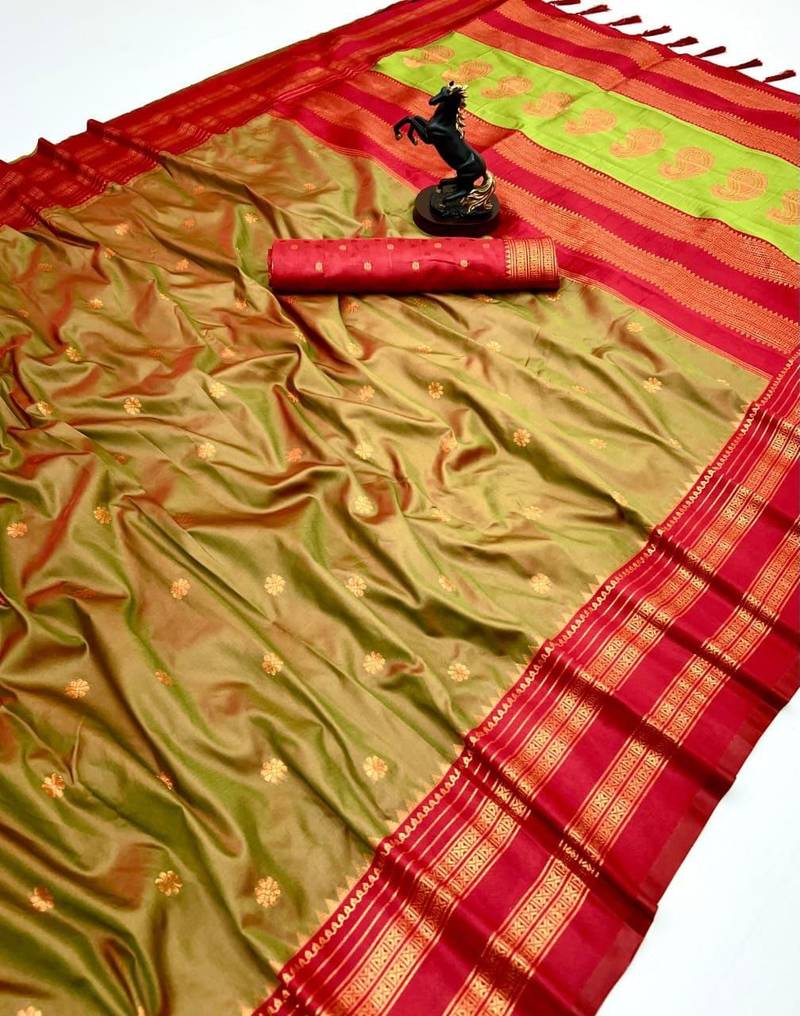 Mehendi soft silk saree with narayan border & dual zari motifs