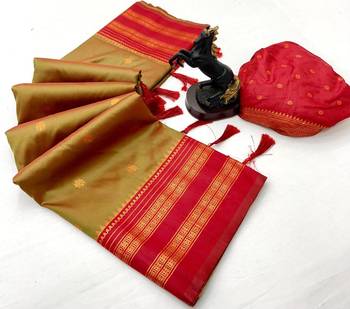 Mehendi soft silk saree with narayan border & dual zari motifs 2