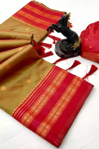 Mehendi soft silk saree with narayan border & dual zari motifs