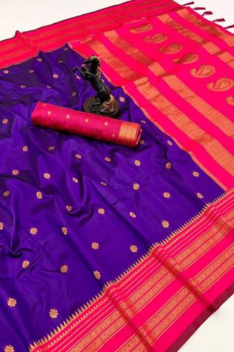 Dark purple soft silk saree with narayan border & dual zari motifs