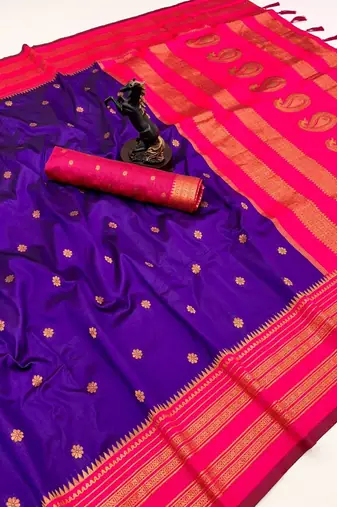 Dark purple soft silk saree with narayan border & dual zari motifs