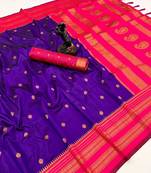 Dark purple soft silk saree with narayan border & dual zari motifs