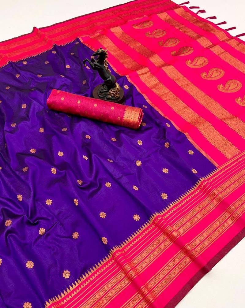 Dark purple soft silk saree with narayan border & dual zari motifs