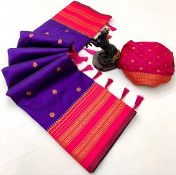 Dark purple soft silk saree with narayan border & dual zari motifs 2
