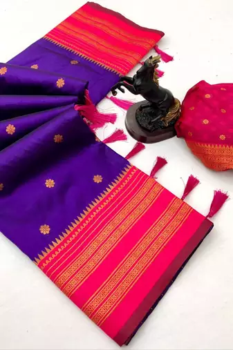 Dark purple soft silk saree with narayan border & dual zari motifs