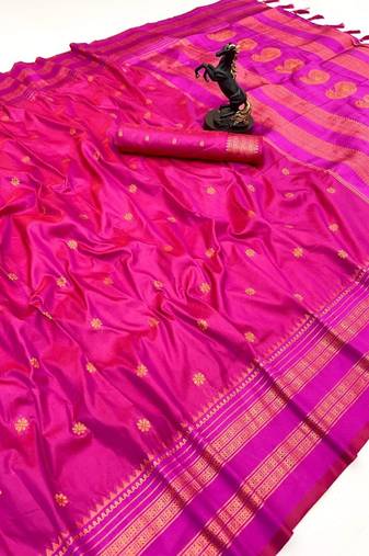 Pink soft silk saree with narayan border & dual zari motifs
