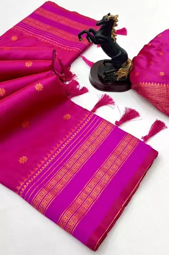 Pink soft silk saree with narayan border & dual zari motifs