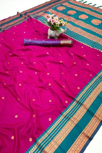Pink soft silk saree with narayan border & dual zari motifs