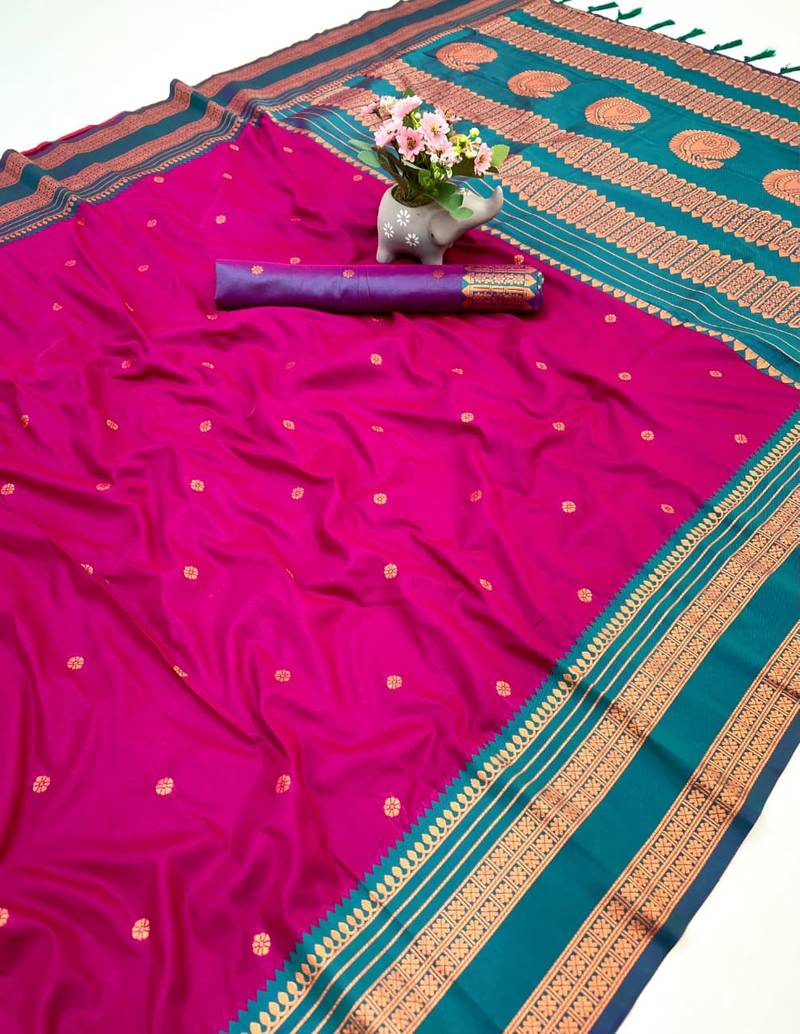 Pink soft silk saree with narayan border & dual zari motifs