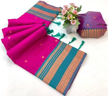Pink soft silk saree with narayan border & dual zari motifs 2