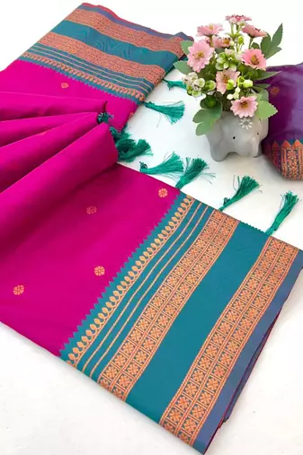 Pink soft silk saree with narayan border & dual zari motifs