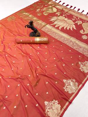 Orange banarasi silk saree with swan zari motifs & designer pallu 1