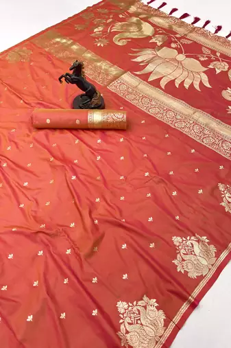 Orange banarasi silk saree with swan zari motifs & designer pallu