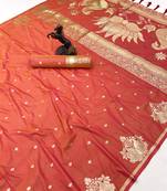 Orange banarasi silk saree with swan zari motifs & designer pallu