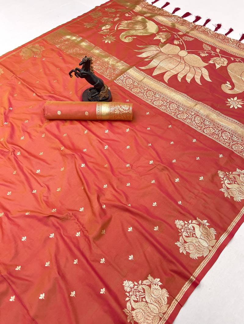 Orange banarasi silk saree with swan zari motifs & designer pallu