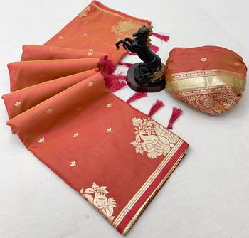 Orange banarasi silk saree with swan zari motifs & designer pallu 2