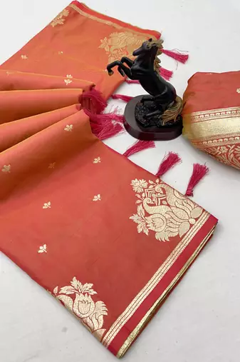 Orange banarasi silk saree with swan zari motifs & designer pallu