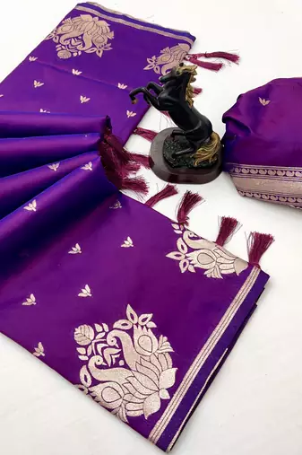 Magenta banarasi silk saree with swan zari motifs & designer pallu