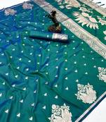 Green banarasi silk saree with swan zari motifs & designer pallu