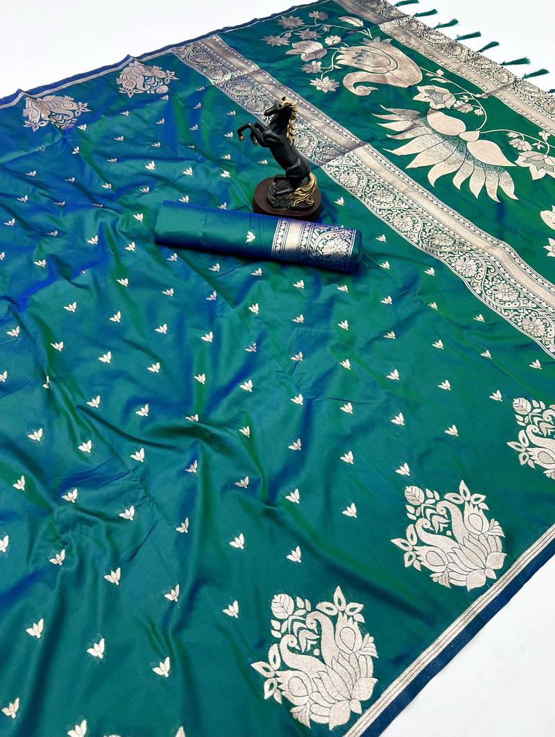 Green banarasi silk saree with swan zari motifs & designer pallu