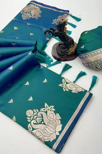 Green banarasi silk saree with swan zari motifs & designer pallu