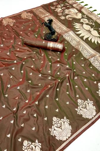 Rust banarasi silk saree with swan zari motifs & designer pallu