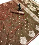 Rust banarasi silk saree with swan zari motifs & designer pallu