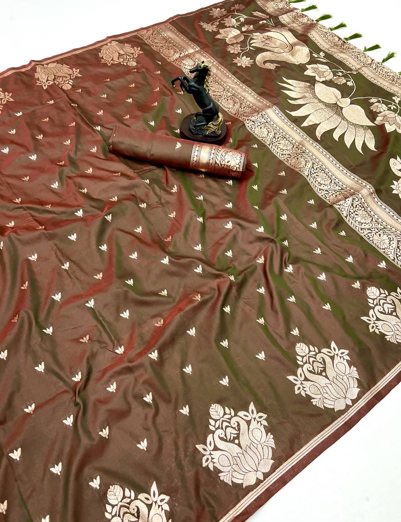 Rust banarasi silk saree with swan zari motifs & designer pallu